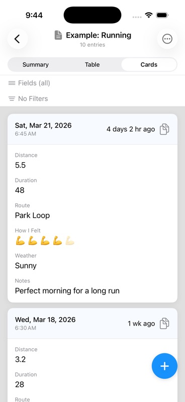 LogHound card view showing a running log entry with distance, route, rating, and notes