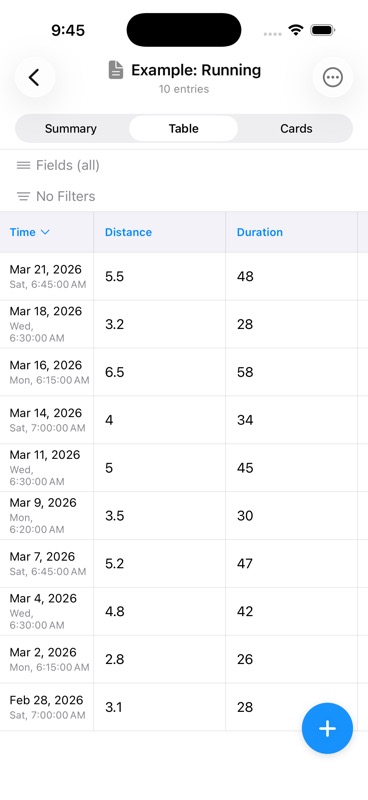 Table view showing running entries as rows with sortable columns