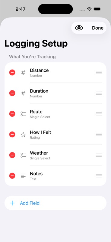 Schema editor showing six fields: Distance, Duration, Route, How I Felt, Weather, and Notes with their field types