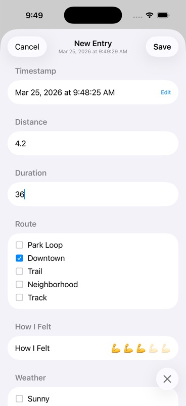 Entry form showing timestamp, filled-in distance and duration fields, a route selection, and star rating