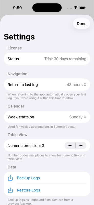 Settings screen showing trial status, return window, week start, numeric precision, and backup/restore options