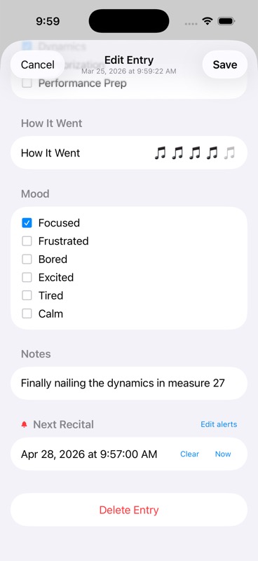 Entry form showing a Date/Time field with a red bell icon indicating an active alert and an Edit alerts link