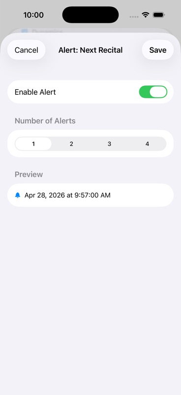 Alert configuration sheet showing Enable Alert toggle and a single scheduled time in the preview