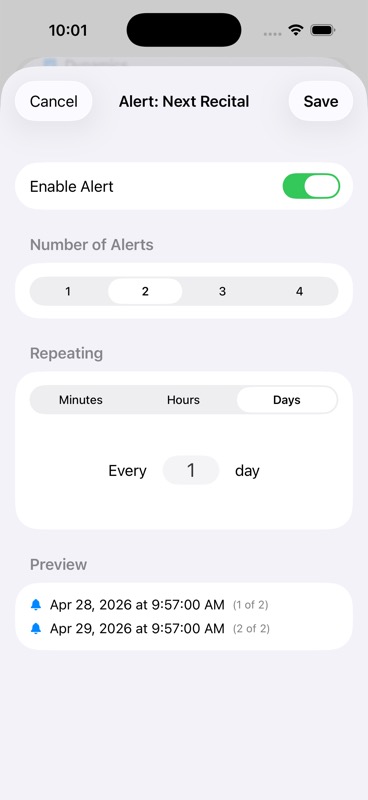 Alert configuration with 2 alerts selected, showing the Repeating section with Minutes/Hours/Days picker and two scheduled times in the preview