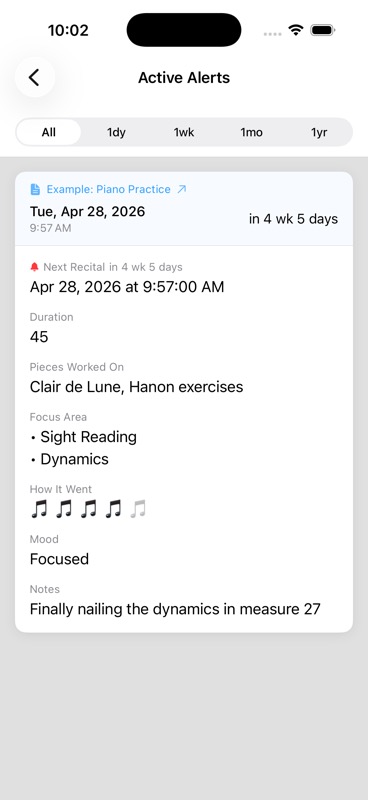Active Alerts view showing an alert card with log name, field, scheduled date, and time filter tabs