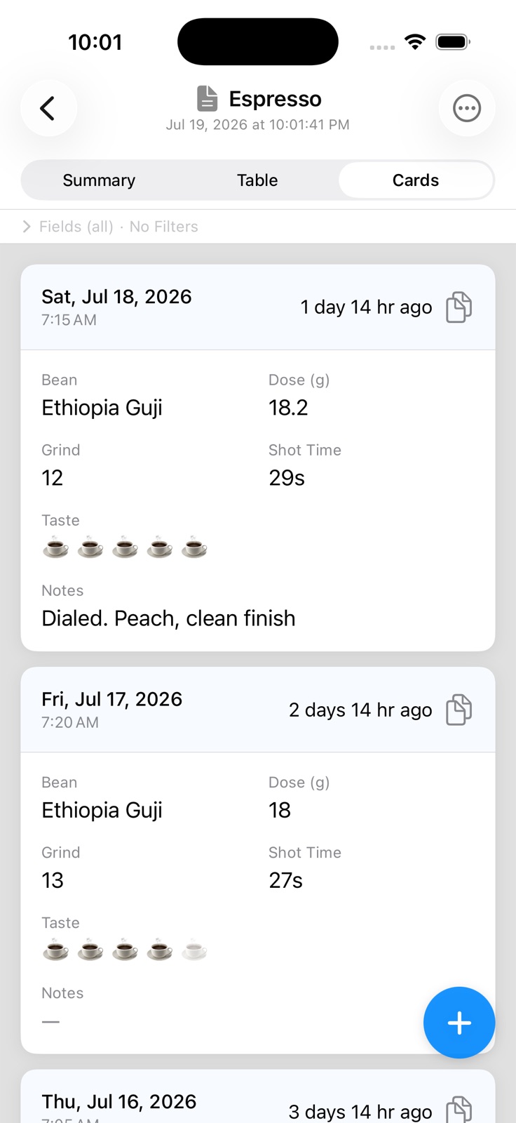 Espresso log entries showing bean, dose in grams, grind setting, shot time, a taste rating, and tasting notes