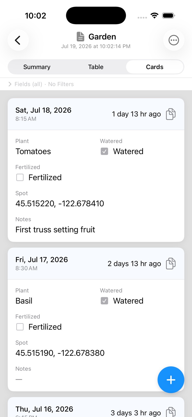 Garden log entries showing plant name, watered and fertilized toggles, a saved GPS spot, and notes