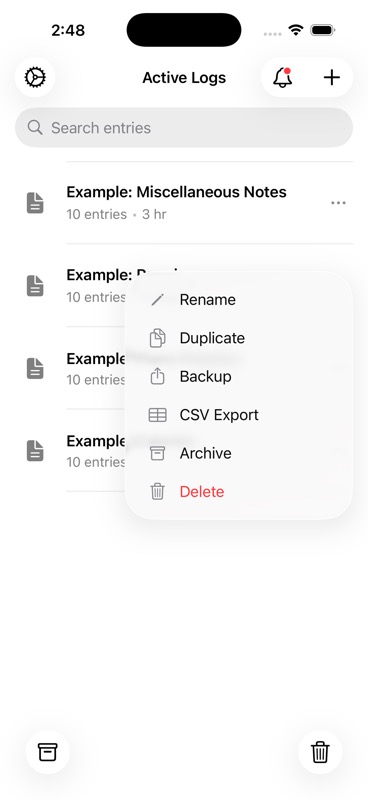 Log context menu showing Archive and Delete options