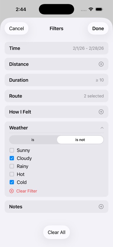 Filter panel showing active date, numeric, and multi-select filters